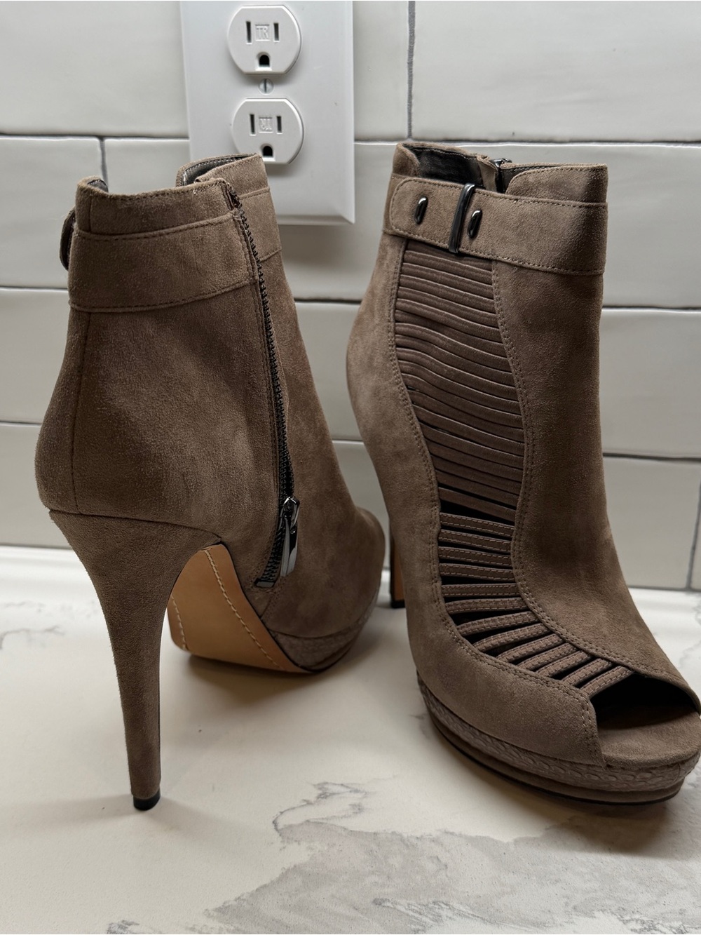 Sam Edelman Taupe Suede Peep-Toe Ankle Booties